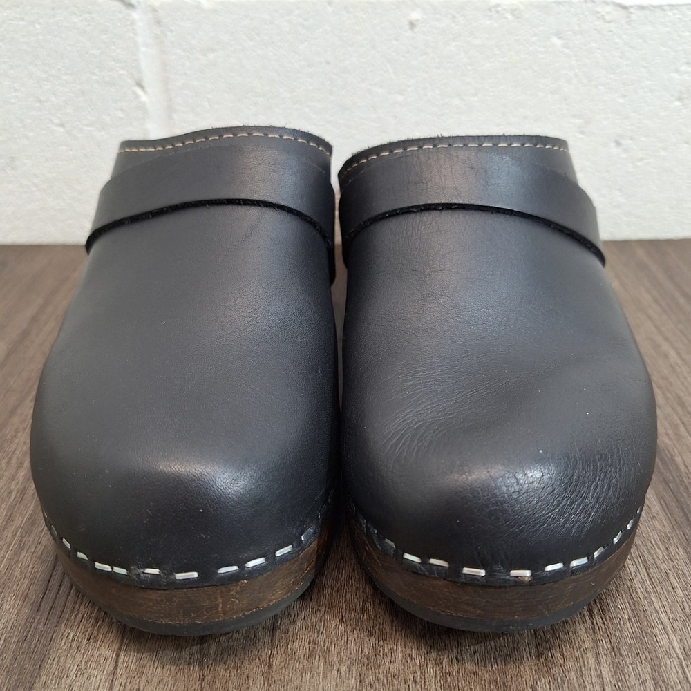 Swedish Hasbeens Black Leather Wooden Clogs Mules Size 7.5 Slip On Platform Shoe - Picture 3 of 7